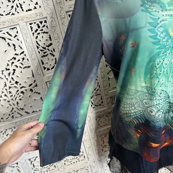 NWT One World Green Grunge Halloween Owl Themed Graphic 3/4 Sleeve Flowy Blouse - Picture 4 of 8